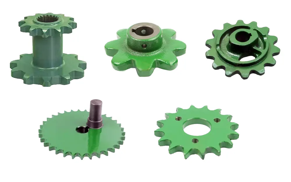 Precision interchangeable sprockets for cotton picker spindle drive, doffing system, and module builder chain drives